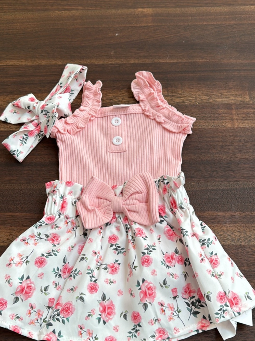 Three Piece Pink Ribbed Floral Bow Bodysuit and Skirt with Matching Headband